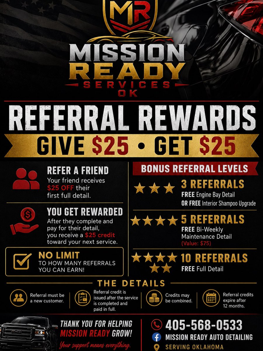 bbirdeli's tweet photo. MISSION READY REFERRAL PROGRAM IS HERE! Refer a friend and they’ll get $25 off their first full detail. After their appointment, you’ll receive a $25 credit toward your next detail. Unlimited referrals. Unlimited rewards. New customers only. The https://t.co/AHXekg92fd