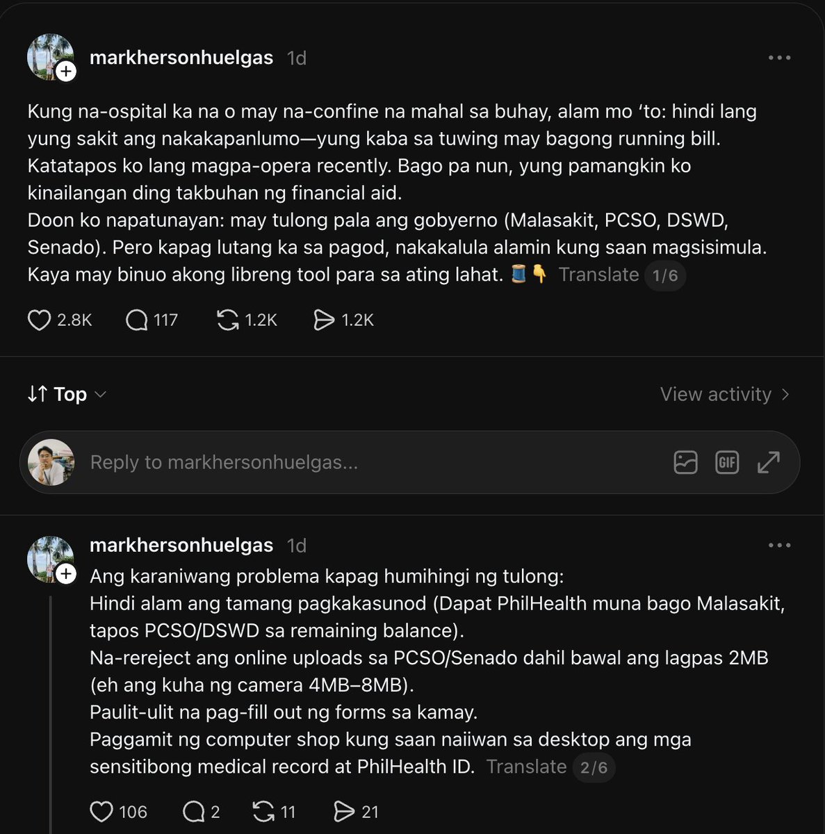 JaypeeArmando's tweet photo. Kung na-ospital ka na o may mahal sa buhay na naka-confine, alam mo ‘yung feeling na hindi lang ‘yung sakit ang mabigat, pati ‘yung kaba sa tumataas na bill. 

Gumawa si markhersonhuelgas (threads) ng libreng tool para di malito sa mga pwedeng hingian ng tulong. 
TulongPH — Philippine Government Medical & Crisis Assistance Navigator https://t.co/BYU3DYMTWt

Visit and check nyo na lang yung the site/app at ibookmark. This is a big help for those who may need this.