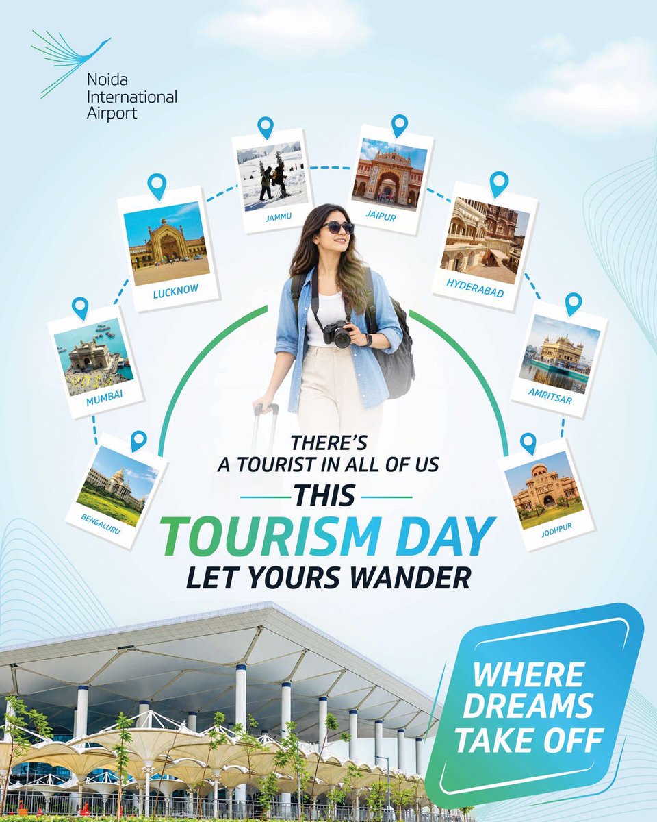 NIAirport's tweet photo. Your travel plans have been waiting for their moment. This Tourism Day, let the tourist in you wander, explore and take off somewhere new from Noida International Airport.

#TourismDay #NoidaInternationalAirport #WhereDreamsTakeOff #TravelIndia #TravelGoals https://t.co/xE7qfurynp