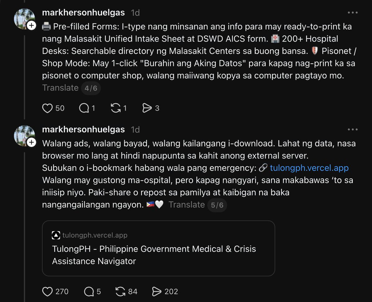 JaypeeArmando's tweet photo. Kung na-ospital ka na o may mahal sa buhay na naka-confine, alam mo ‘yung feeling na hindi lang ‘yung sakit ang mabigat, pati ‘yung kaba sa tumataas na bill. 

Gumawa si markhersonhuelgas (threads) ng libreng tool para di malito sa mga pwedeng hingian ng tulong. 
TulongPH — Philippine Government Medical & Crisis Assistance Navigator https://t.co/BYU3DYMTWt

Visit and check nyo na lang yung the site/app at ibookmark. This is a big help for those who may need this.