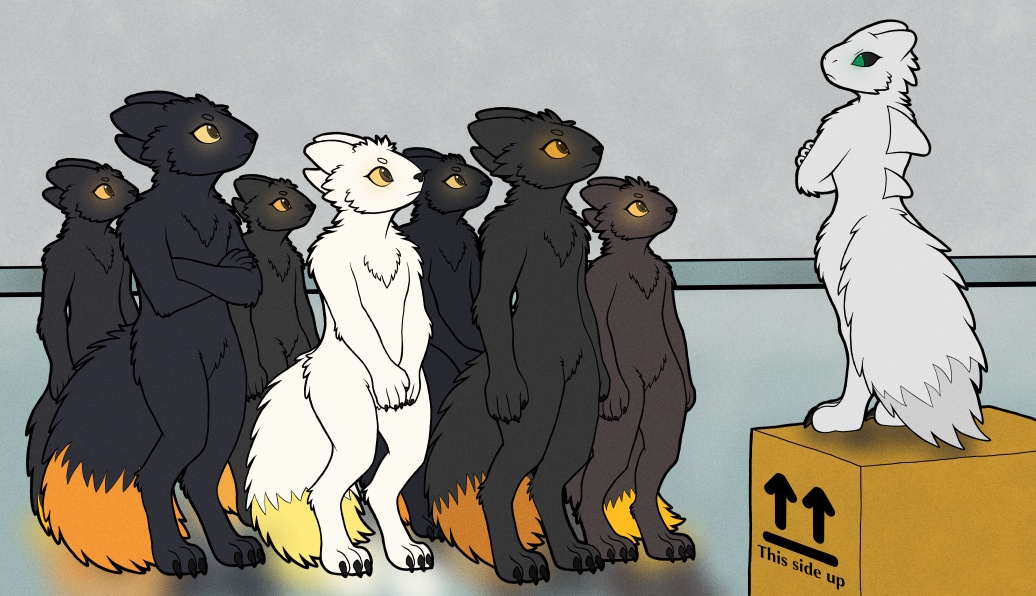 AilurusThePanda's tweet photo. One is not like the others: A group of Sawians in a lab. But something is odd...

#casualtiesunknown #ScavPrototype #Expie #furryart https://t.co/QWJeYl9Hsc