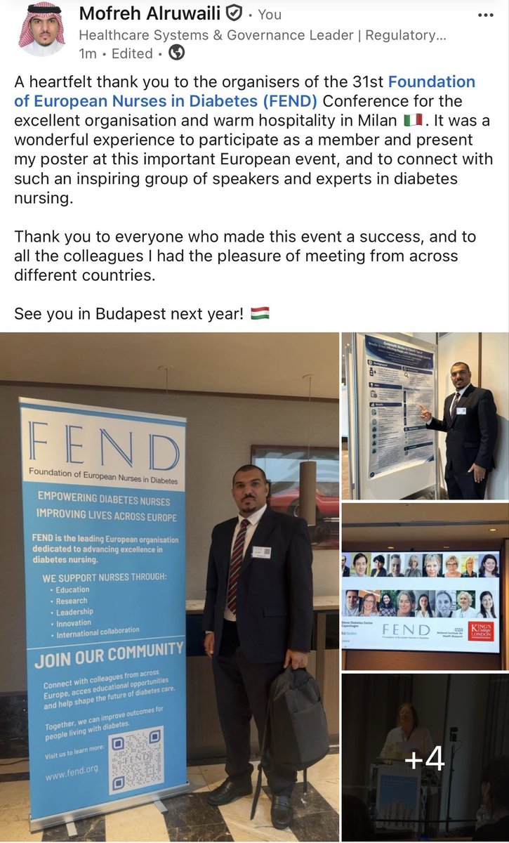 Alruwaili_2014's tweet photo. A heartfelt thank you to the organisers of the 31st FEND @FEND_diabetes Conference for the excellent organisation and warm hospitality in Milan. It was a wonderful experience to participate as a member and present my poster at this important European event. https://t.co/M3uvuJ0cVr