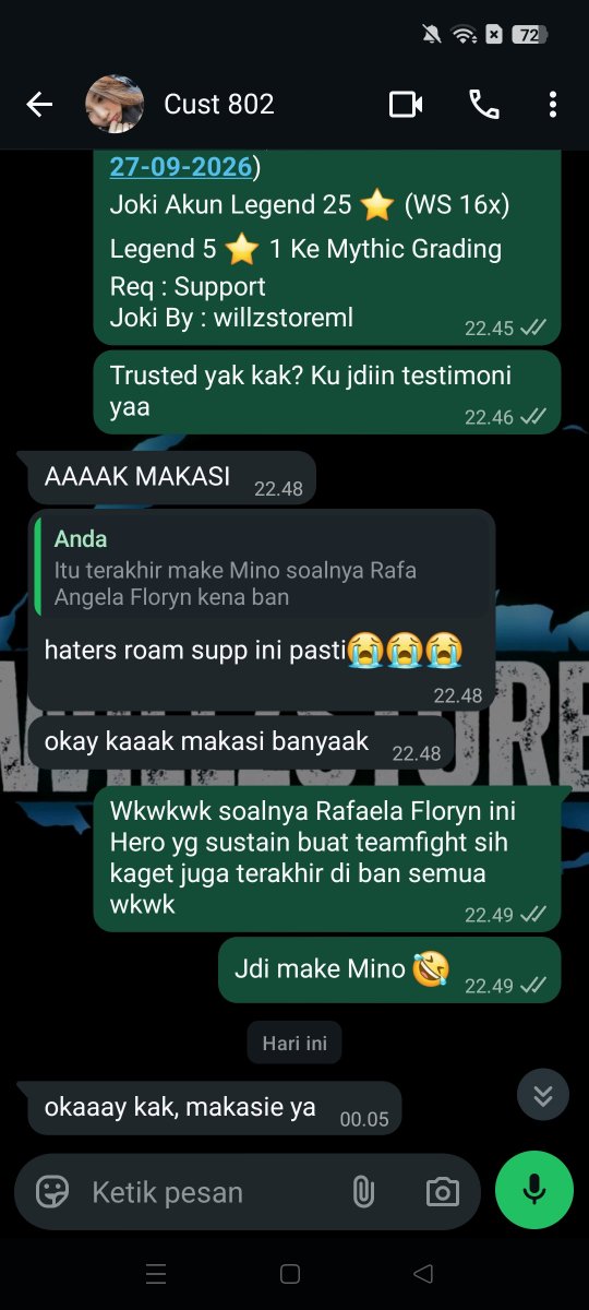 willzstoreml's tweet photo. 27-09-2026 
Testimoni Joki Akun Legend 25 ⭐ (WS 16x)
Legend 5 ⭐ 1 Ke Mythic Grading
Req : Support

Yang mau Joki ML / Joki Akun Bisa Langsung WA ya :
Epic 4K / ⭐
Legend 5K / ⭐ https://t.co/reltn5pwGG