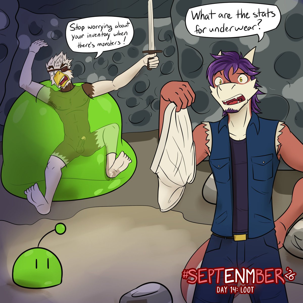 FuzeDudeArt's tweet photo. #septENMber Albert getting distracted by loot while his mentor gets over run by monsters. It's every dungeon diving party ever. https://t.co/J2UOMjXdOy