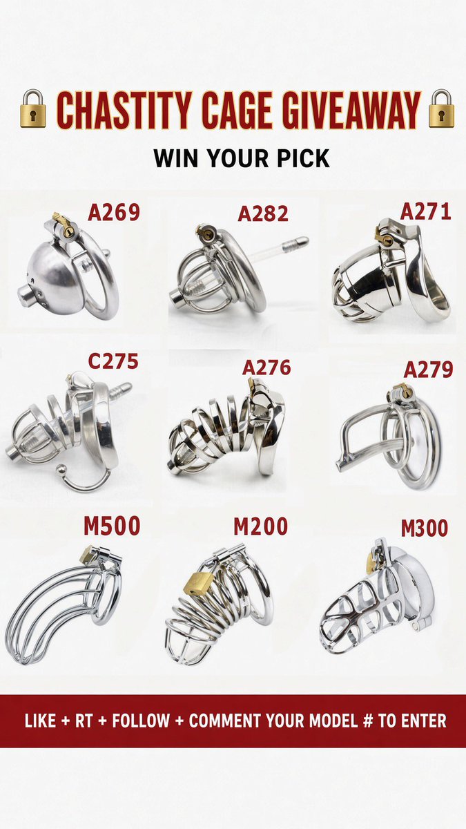 MistressSaol's tweet photo. 🔒 CHASTITY CAGE GIVEAWAY 🔒

Win one of these cages.

To enter: 

❤️ Like 

🔁 RT ➕ Follow 

💬 Comment the model you want (A269 / A282 / A271 / C275 / A276 / A279 / M500 / M200 / M300)

Winner chosen at random. Good luck everyone https://t.co/X8IcxE3YzJ