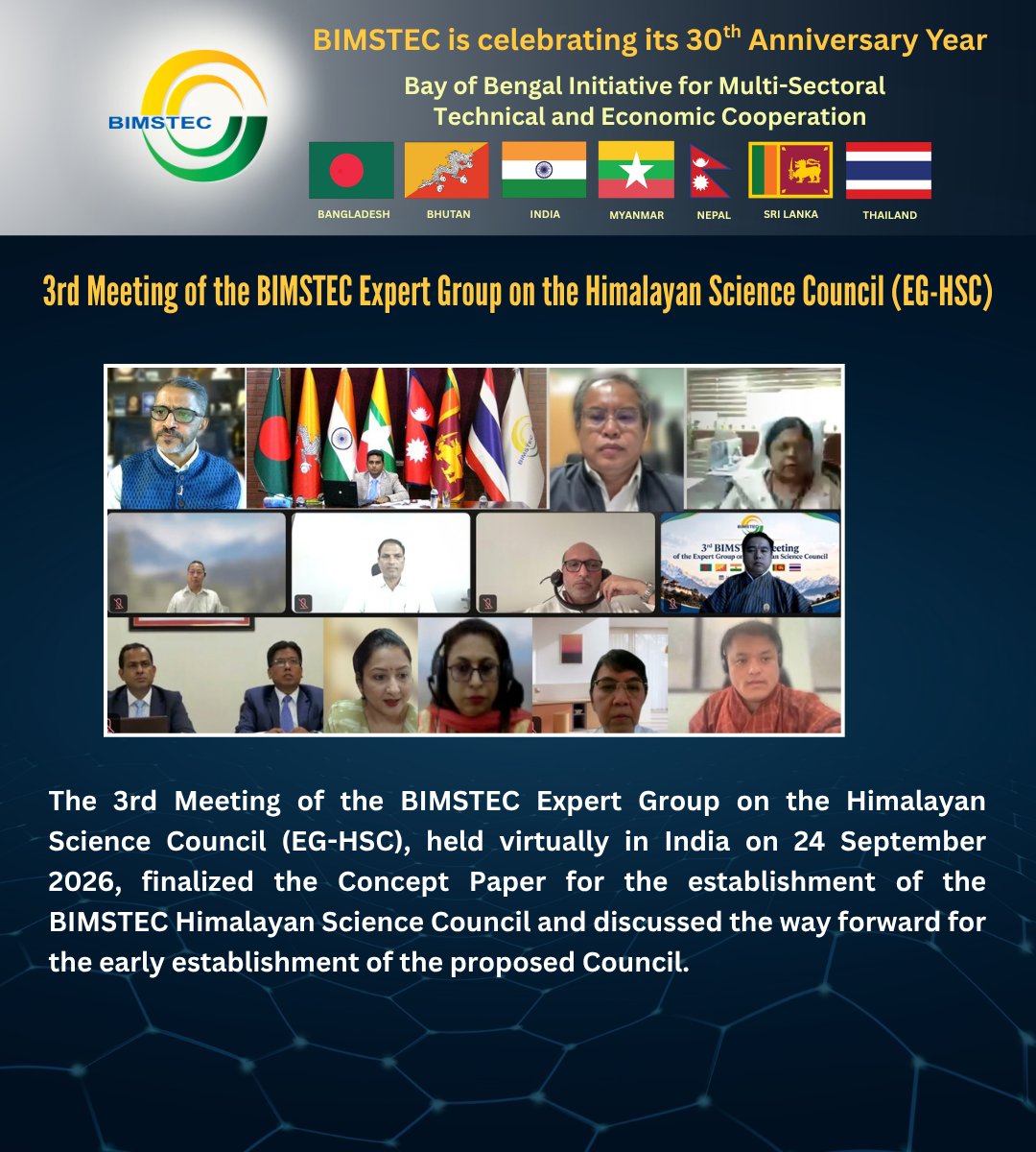 BimstecInDhaka's tweet photo. The 3rd Meeting of the BIMSTEC Expert Group on the Himalayan Science Council (EG-HSC), held virtually in India on 24 September 2026.

#BIMSTEC #HimalayanScienceCouncil #RegionalCooperation https://t.co/8uQgoZAc6O