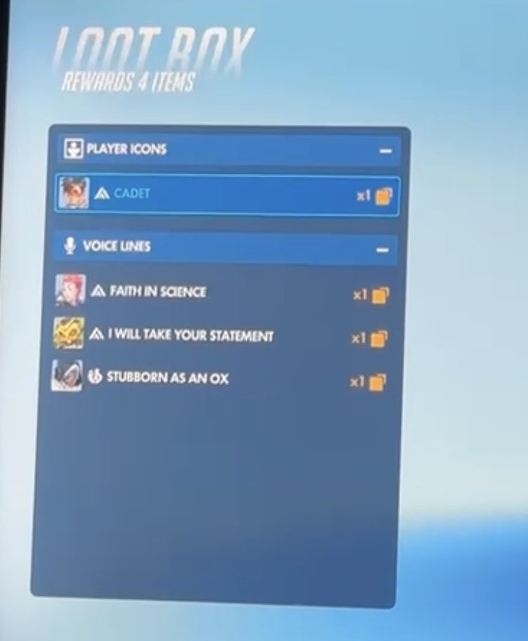 777E3z's tweet photo. Can we talk about the #duplicates in the @PlayOverwatch #lootboxes ? My account is only from 2020 and in ALL my lootboxes i have only duplicates. And you need a big amount to get another lootboxe (to get dups again…)
This is genuinely ruining the pleasure to earn lootboxes. https://t.co/MRaL7sPgmS