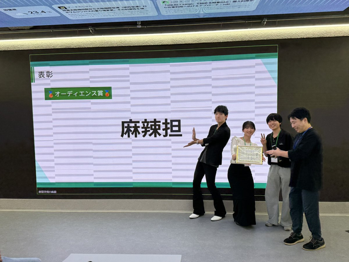 LOCAL_STAGE_PJ's tweet photo. 『HACK STAGE |STAGE3』
🥉オーディエンス賞🥉
チーム『麻辣担』
参加者のみによる投票で選出されました!
受賞おめでとうございます✨
#HACK_STAGE https://t.co/wJJ08EaBBy