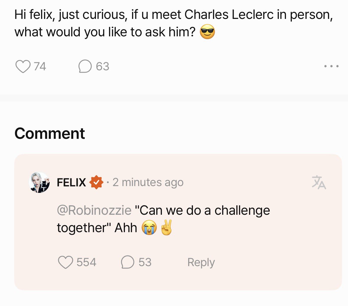 spearhyunnie2's tweet photo. 💬: hi felix, just curious, if u meet charles leclerc in person, what would you like to ask him?
🐥: "can we do a challenge together" ahh 😭✌️ https://t.co/8TCtbkE7Bf