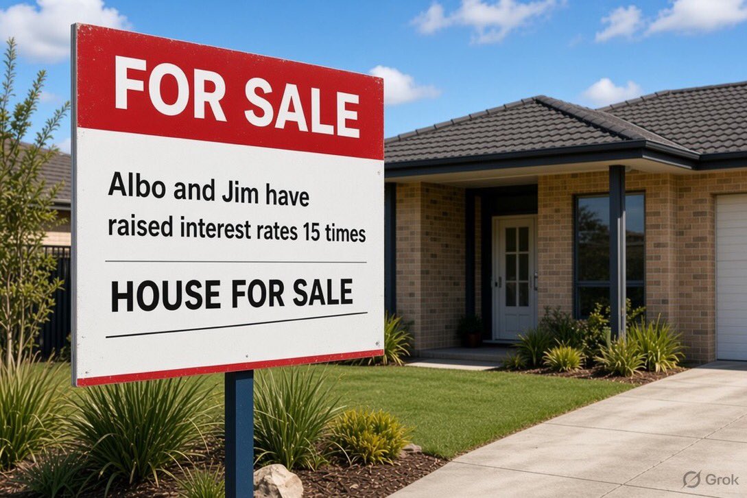 BFacist's tweet photo. @JEChalmers In other news, banks predict RBA will increase interest rates on Tuesday for the SIXTEENTH time on Goofy’s watch.Another one tipped in November. All due to Goofy’s spending fuelled inflation &amp; record $1 trillion debt. $1 billion wiped off house prices. Goofy says it’s all good 🤷‍♂️ https://t.co/e4kz4xEvIq