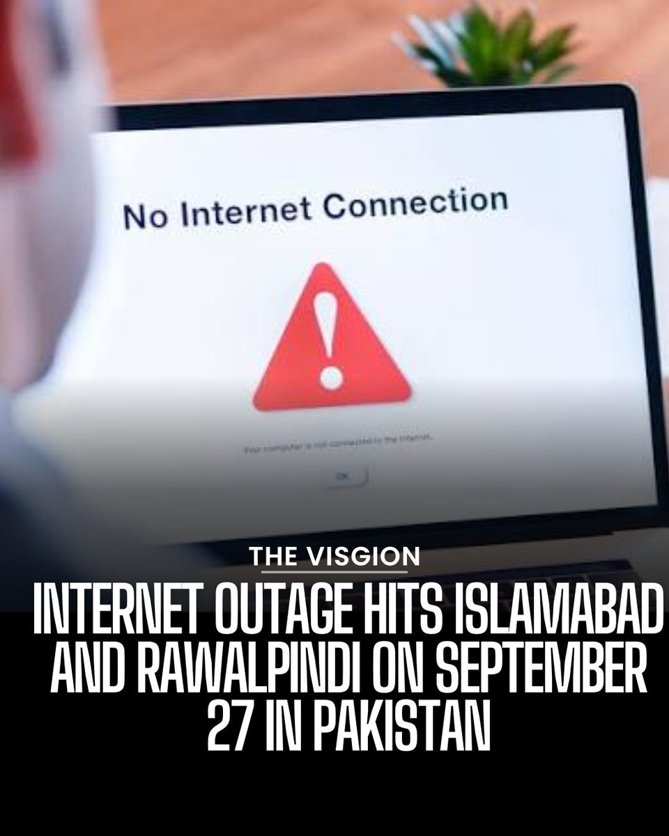 VisgionBreaking's tweet photo. Internet and mobile services were disrupted across Islamabad and Rawalpindi on Sunday, September 27, 2026, affecting broadband connections, cellular networks and several digital services.

#Islamabad #Rawalpindi #InternetOutage #Pakistan #PTA https://t.co/nYc7NG7nYc
