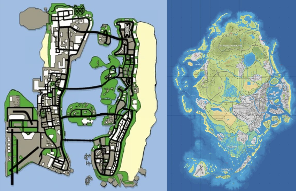 TheCanadianGTR's tweet photo. A 24-year difference between GTA Vice City's map and GTA 6's map.

#GTAViceCity #GTAVC #GTA6 #GTAVI https://t.co/ItpV2eTg3H