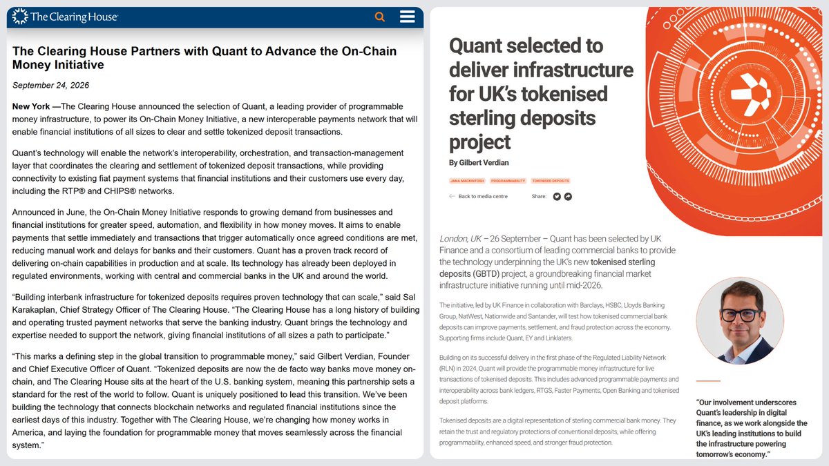 DreadBong0's tweet photo. This is why $QNT is pumping btw

The Clearing House, which sits at the center of the US banking system and settles $2 trillion daily..

Chose $QNT after a strict competitive process and determined they're the only ones with the technology and capabilities to do what they needed

At the same time..

The Great British Tokenised Deposit project used Quant for live tokenised sterling deposit transactions across 7 of the UK’s biggest banks

So.. big confirmation that $QNT infrastructure sits at the center of both TCH and GBTD

Think everyone is now realising..

1. $QNT is undervalued af

2. That there is no reason why $QNT shouldn't be priced similarly to a $LINK or $XRP right now..

Hence.. why we are seeing god candles and a mass repricing underway

$QNT