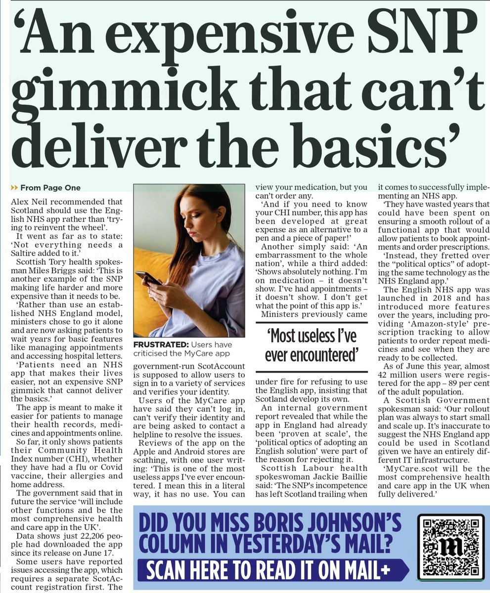 AgentP22's tweet photo. The English NHS app works well and is used by nearly 90% of adults.

The SNP Scottishy NHS app is used by only 0.5% of Scotland’s adults, cost £17 million, has almost no useful functions.

A staggering testament to SNP incompetence: everything they touch becomes more expensive, less effective and years behind England.