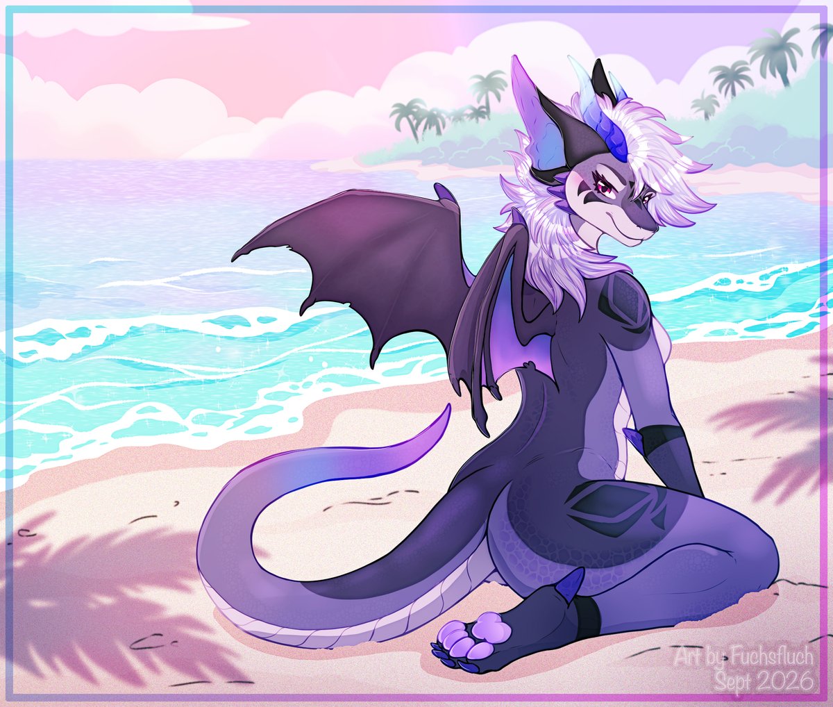 FuchsFluch's tweet photo. Found the best spot in the sand, and Lao isn't going anywhere anytime soon. 
The pastel sunset is gorgeous -- with plenty of room to join her if you want to keep her company! 💜🌴 https://t.co/PieujkoNoH