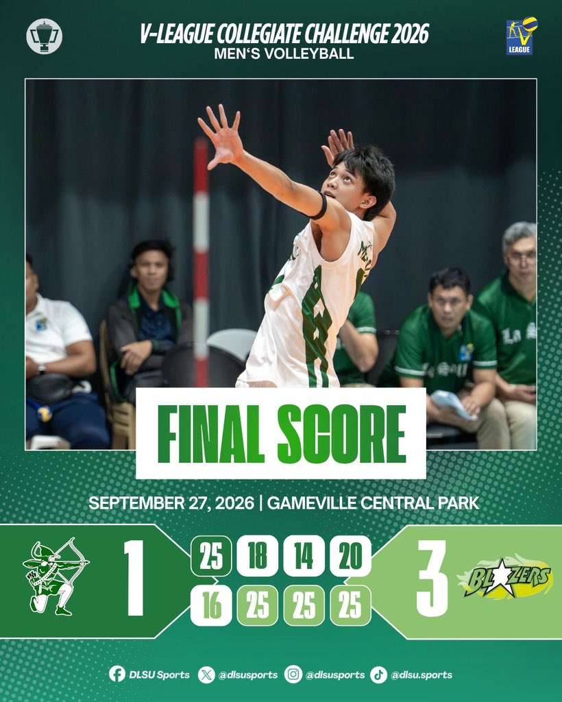 dlsusports's tweet photo. The DLSU Green Spikers fell short against the Benilde Blazing Spikers in 2026 V-League Collegiate Challenge, 1-3
#GoLaSalle #AnimoLaSalle #DLSUSports https://t.co/QSUw7fvflP