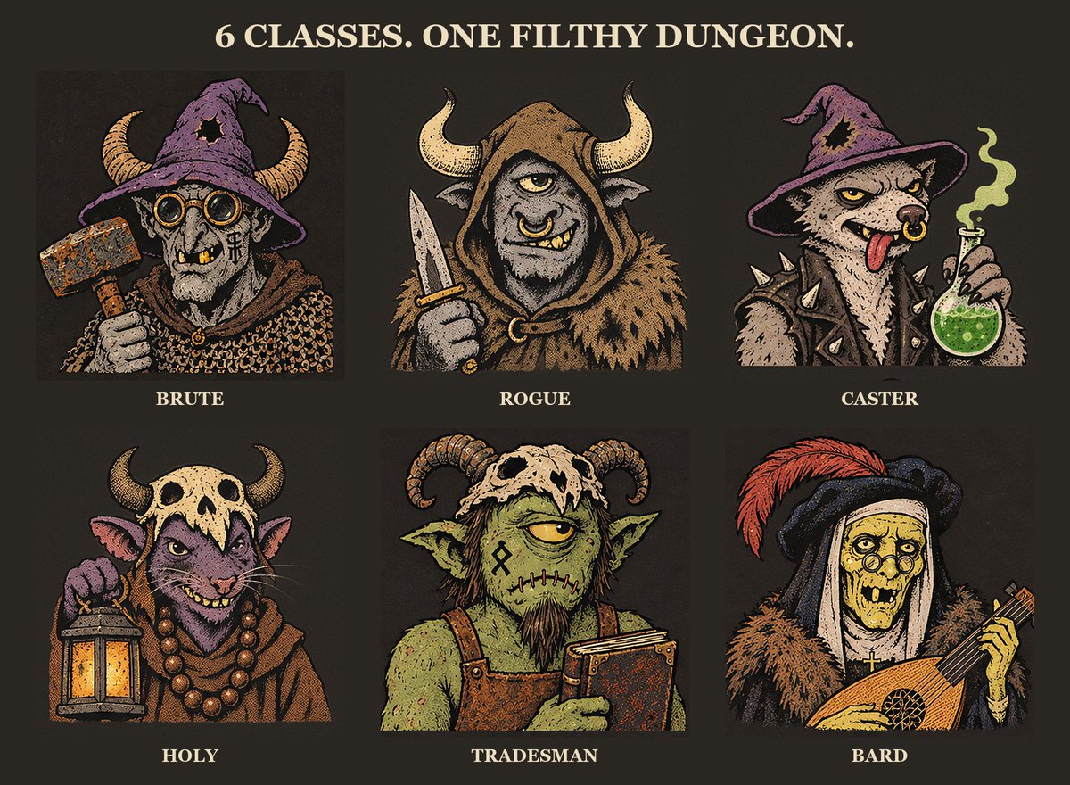 sakakitsune's tweet photo. 6 classes. One filthy dungeon.
Brute. Rogue. Caster. Holy. Tradesman. Bard.
Which one are you? Drop your class below. https://t.co/kdXN6pyBns