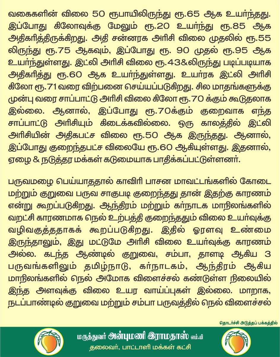 draramadoss's tweet photo. இரு மாதங்களில் அரிசி விலை ரூ.40 வரை உயர்வு: ஆந்திரா வழியில் கிலோ ரூ.50க்கு நியாயவிலைக் கடைகளில் விற்க வேண்டும்! @CMOTamilnadu https://t.co/UhKFLw20y1