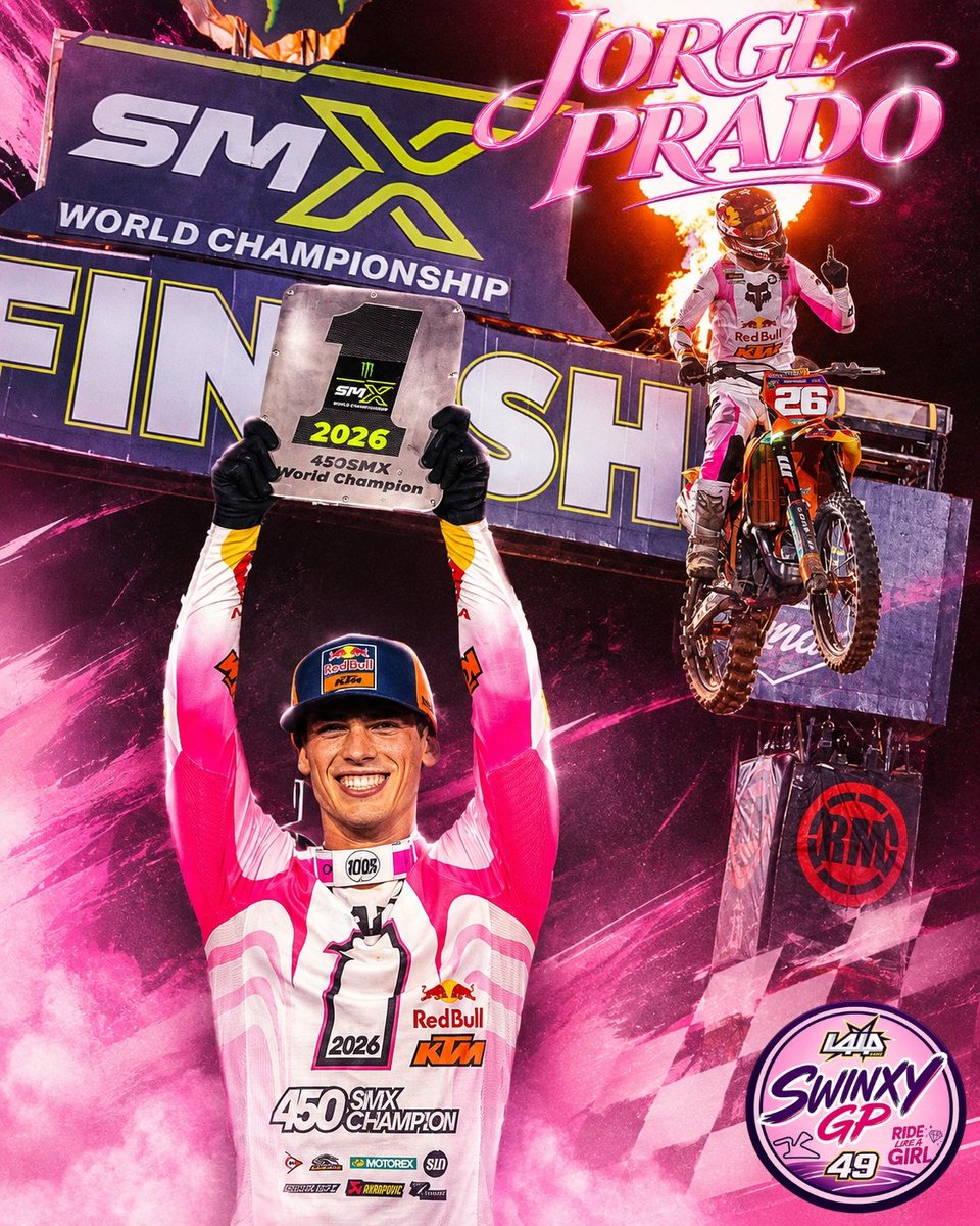 Swinxy's tweet photo. SUPERCAMPEÓN

Desde niño, Jorge Prado tenía el sueño de conquistar Estados Unidos. Le convencieron para posponerlo y, cuando ya había alcanzado el cielo en el Mundial de MXGP, se lanzó definitivamente a la aventura yanqui.

El año pasado sufrió muchísimo con la Kawasaki y no pudo demostrar su nivel. Las críticas de la afición local fueron feroces, llegando a asegurar que no tenía nivel para competir en ‘su’ campeonato.

Jorge agachó la cabeza, volvió a KTM y trabajó más duro todavía hasta conquistar el SuperMotocross, ese ‘Campeonato del Mundo’ (ellos lo llaman así pero no está reconocido por la FIM) que combina los resultados de Supercross, Motocross y un playoff híbrido final en el que Prado ha sido EL MEJOR.

Su palmarés es demoledor:
· Campeón Mundial Junior 65cc
· Campeón Europa 65cc
· Campeón Europa 125cc
· Bicampeón Mundial MX2
· Bicampeón Mundial MXGP
· Campeón SuperMotocross 450cc

SUPERLEYENDA

(Y todavía tiene solo 25 años)