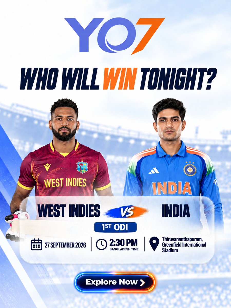 Yo7Official's tweet photo. 🏏 India vs West Indies - 1st ODI! Who takes the win today? 🇮🇳🔥🌴
Follow YO7 Bangladesh for more cricket action.

#YO7Bangladesh #INDvsWI #YO7 #ODICricket #CricketBangladesh https://t.co/KqNmvWGGt2