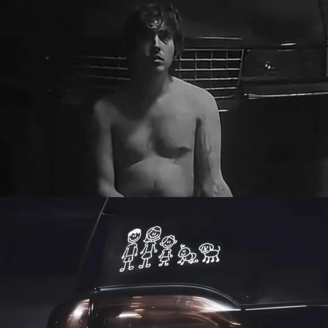 SiezerW's tweet photo. Unpopular opinion : 

In this scene, I just realized the stickers on the car don’t only represent his family; they also represent his kill count. 🫡
#ResidentEvil https://t.co/FeI2rHW6Sg