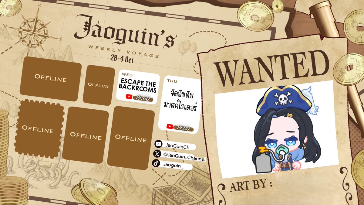 JaoGuin_Channel's tweet photo. ⚓ ตารางเดินเรือสัปดาห์นี้ (28-4 Oct) 🏴‍☠️
วันพุธ Escape the Backrooms หนีผีแบบถูไถ และวันพฤหัสบดี จัดอันดับ ม���สค์ไรเดอร์ มาดูให้ได้ล่ะ!
#JaoGuin #JaoGuinArt #JaoGuinMeme #เจ้ากวินดูนี่ https://t.co/kgXInvafzX