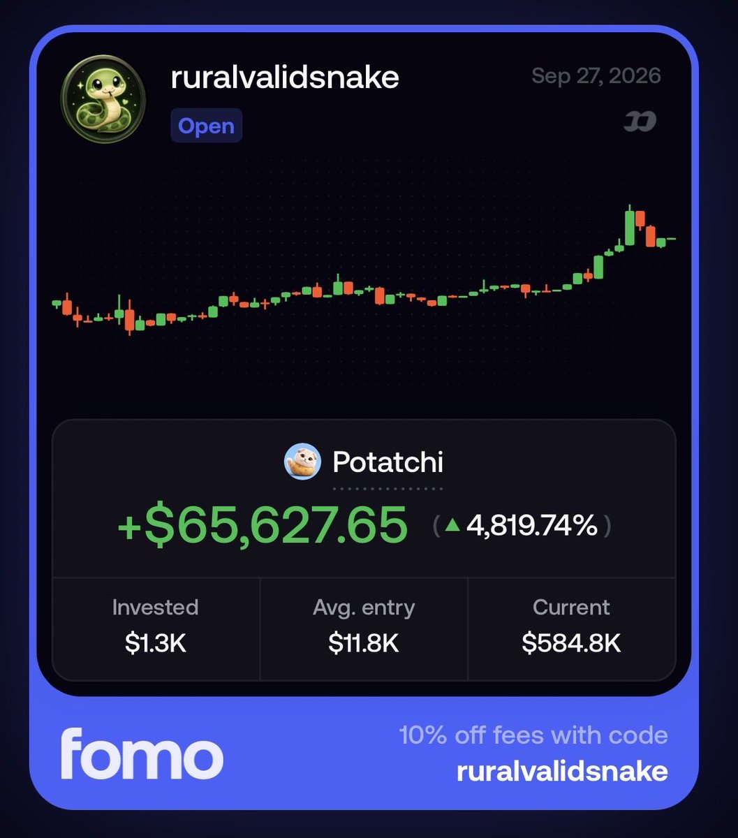 ruralvalidsnake's tweet photo. Now I have $65K+ in imaginary gains that I can’t sell. 😂🥔

It’s okay. It’s a sacrifice for the greater good. 🤝💚

I said I wanted to reach Top 10 on Fomo just by holding Potatchi… so I guess we’re committed now. 😂

Once we reach Top 10, we can start burning some of the tokens. 🔥🥔 Any burn will be announced publicly and verifiable on-chain.

No sell signals. No promises of returns. This is just my own position and journey. Crypto is highly volatile. DYOR.

@heypotatchi , don’t embarrass me. 🥔😭