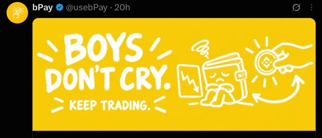 bukky_o_'s tweet photo. Boys Don’t Cry.

You took the L.  
You still opened the charts.

bPay is quietly sending real BNB to the ones who didn’t quit.

https://t.co/J5mcDa9r8e  
CA: 0xb13003bf44de426dd2a3aae3df9c3400de0a7777  
Code: BP-59D0E305E070

#bPay #BNBChain #BoysDontCry https://t.co/gKPVR9CUlm