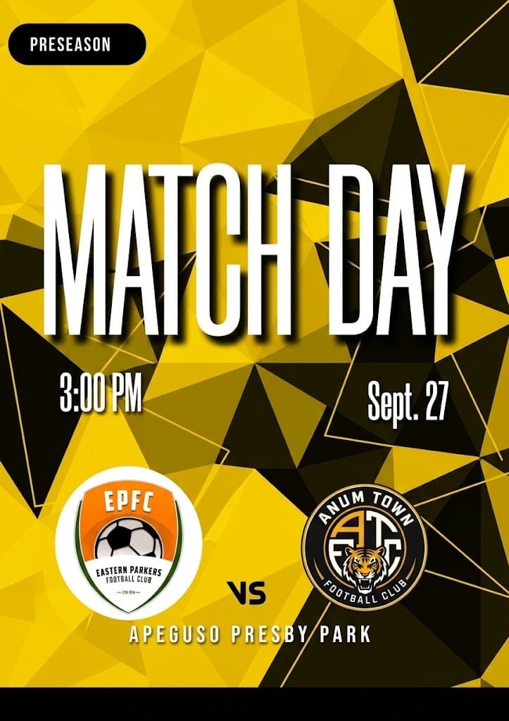 AnumTownFC's tweet photo. ποΈ Eastern Parkers
πApeguso Presby Park
π
27 Sept. 2026
βοΈ 3:00 pm
#OneTown #OneRoar #Ambush #preseasonfriendly https://t.co/Wd9STpDluz