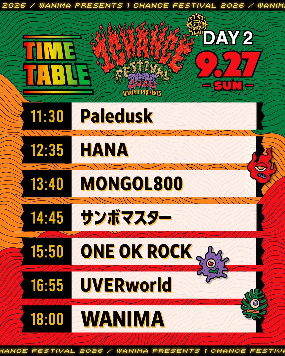 1CHANCE_FES_fc's tweet photo. ライブステージ #WANIMA
1CHANCE FESTIVAL 2026
熊本公演の生配信が決定🎉

🗓️9月27日(日) Day2
📍熊本農業公園カントリーパーク 

WANIMAの出演は、18:00〜です🌟

公式ライブ配信🔽
https://t.co/72k2WnNXt4

どなたでもご覧いただけます☀️

#WANIMA #ワンチャンフェス #WANIMA https://t.co/tBWNQjW2hM