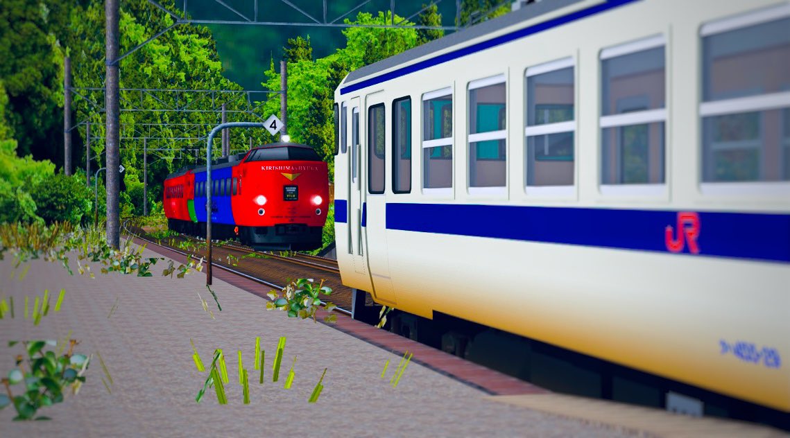 N_Railsim's tweet photo. 竜ヶ水駅風 part5
485系「きりしま」＋475系 普通列車
 #NのSS後悔所 #Railsim #475系 #485系 #行き違い https://t.co/noj6Nm6R4U