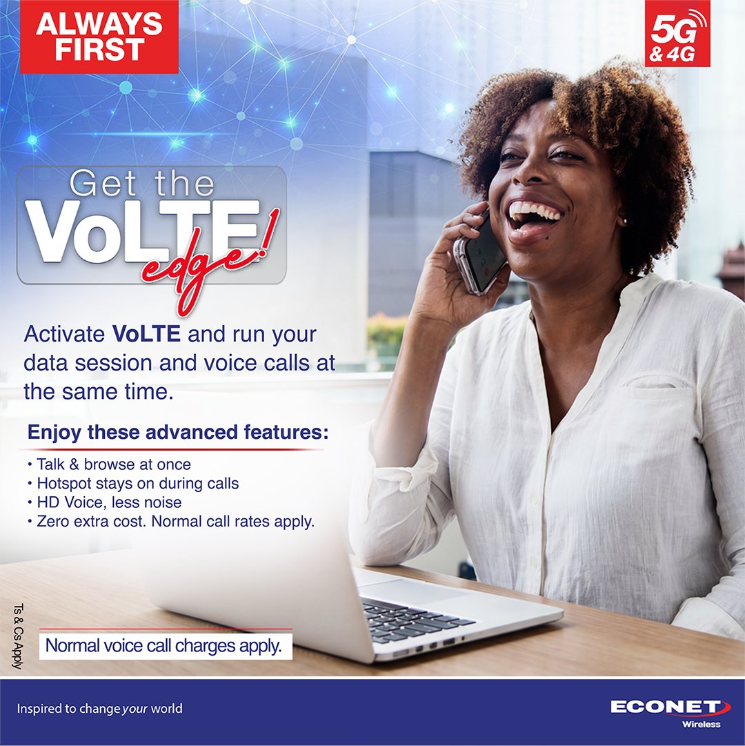 econetzimbabwe's tweet photo. Get the VoLTE edge! 📶✨
Activate VoLTE and keep hotspotting your laptop, tablet or friends without interruptions while making calls.
Stay connected across more of what matters.
Activate now.
Normal voice call charges apply.
#VoLTE #AlwaysFirst #EconetWireless https://t.co/hy9vz6HzoZ