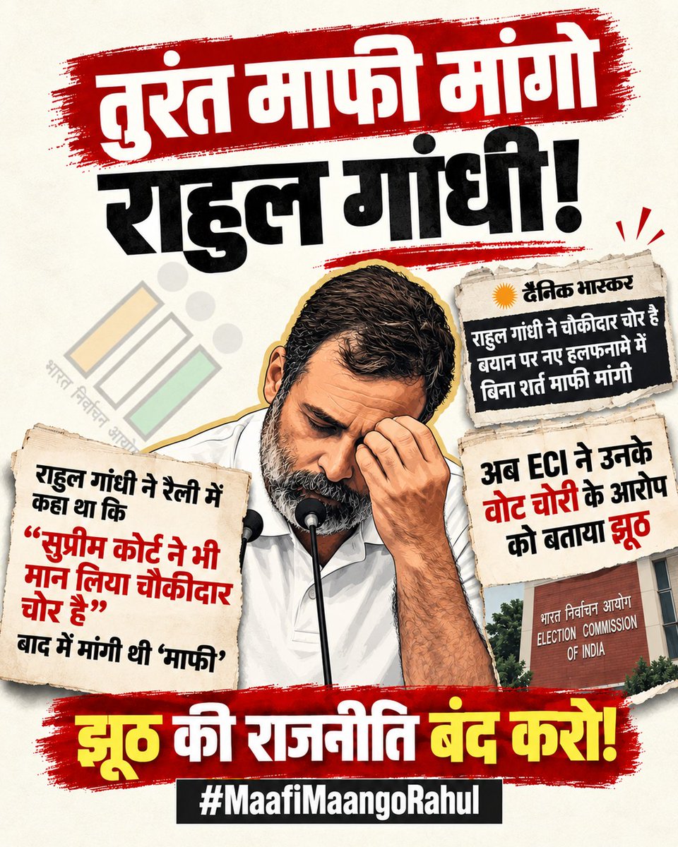 BJP4Himachal's tweet photo. 2019 में राहुल गांधी ने अपना एजेंडा साफ कर दिया था: "मैं पीएम मोदी की बेदाग छवि को नष्ट करना चाहता हूं।" तब से उनकी राजनीति एक ही स्क्रिप्ट पर चल रही है: झूठ फैलाओ, हर प्लेटफॉर्म पर शोर मचाओ, अदालत और तथ्यों से मुंह की खाओ, और फिर माफी मांग लो! 🔄

राफेल → झूठ फैलाया → माफी मांगी
"चौकीदार चोर है" → अफवाह फैलाई → माफी मांगी
"वोट चोरी" + SIR → झूठ फैलाया → माफी लोडिंग… ⏳

देश उनके इस 'हिट एंड रन' तरीके को समझ चुका है। तो बताइए, क्या आप उनके अगले प्रोपेगेंडा का इंतजार कर रहे हैं, या उनके अगले विदेशी दौरे से नई स्क्रिप्ट आने का? 🍿

#MaafiMaangoRahul