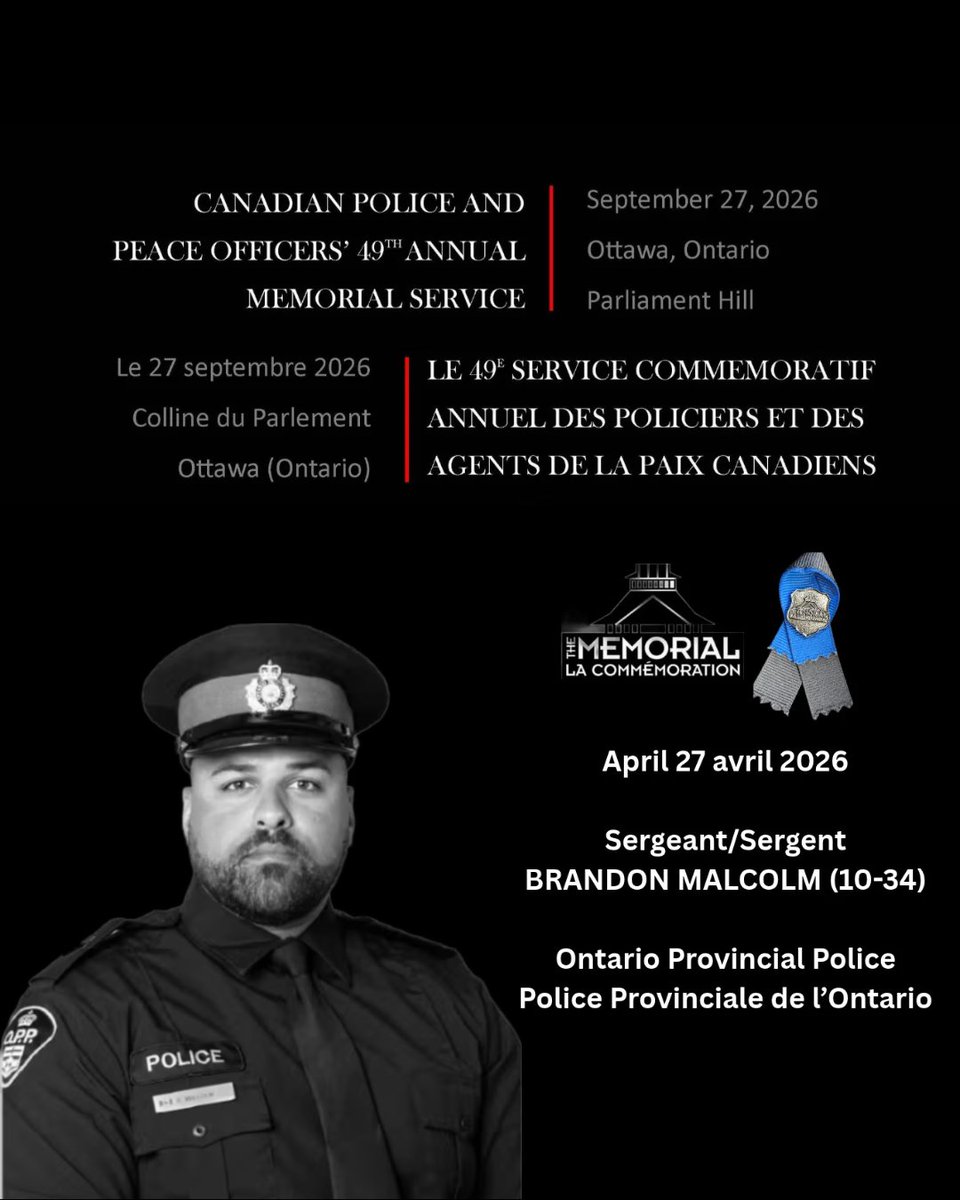 CPPOM's tweet photo. April 27 avril 2026
Sergeant/Sergent
BRANDON MALCOLM (10-34)
Ontario Provincial Police
Police Provinciale de l’Ontario

#HeroesInLife
#HerosEnVie https://t.co/XdXXz1EdJ8