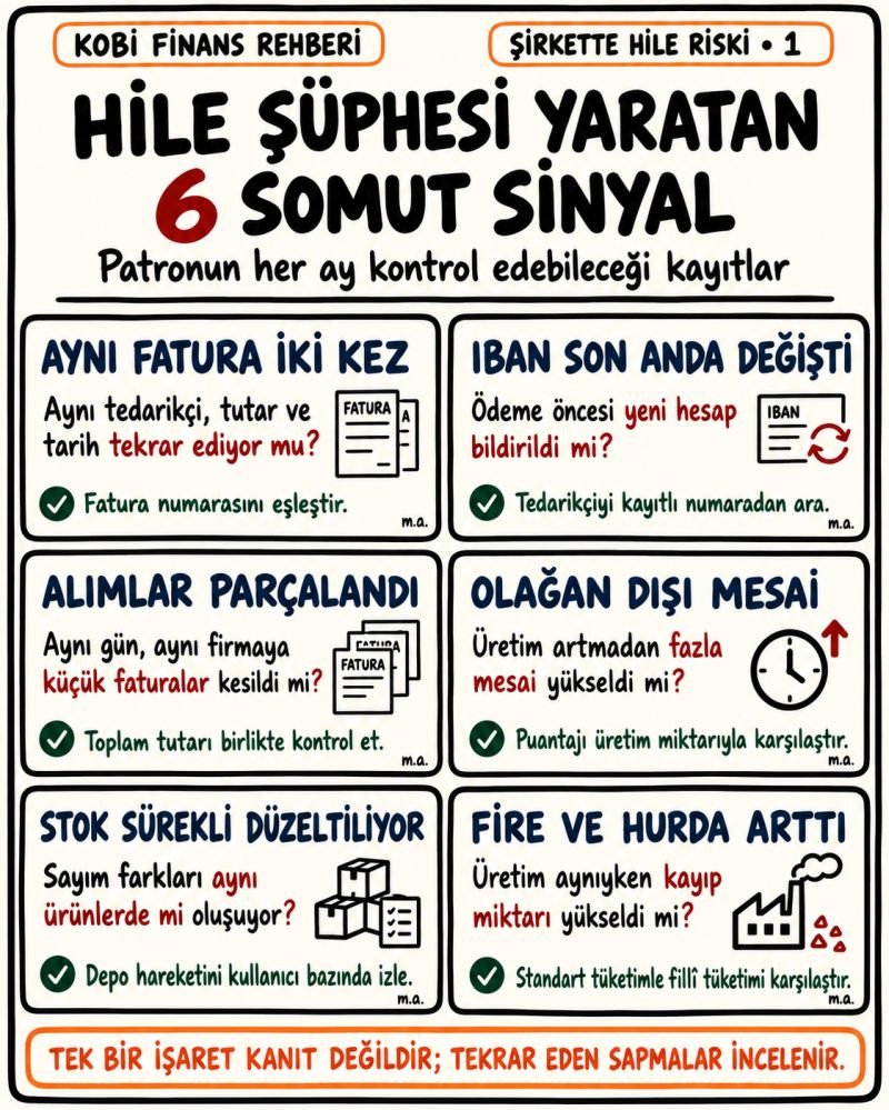 ozdogrular_com's tweet photo. Şirketlerde hile çoğu zaman tek bir büyük olayla ortaya çıkmaz. Önce küçük ama tekrar eden sapmalar görülür.
Aynı faturanın yeniden işleme alınması, ödeme öncesi IBAN değişikliği, aynı tedarikçiye parçalanmış alımlar, üretim artmadığı halde yükselen fazla mesailer, sürekli düzeltilen stoklar veya açıklanamayan fire artışları...
Bunların hiçbiri tek başına hile kanıtı değildir. Ancak aynı tür sapmalar tekrar ediyorsa artık rakamın arkasına bakmak gerekir.
İşletmeler için en pratik yöntemlerden biri, her ay düzenli olarak birkaç kritik veriyi karşılaştırmaktır:
Fatura → ödeme → tedarikçi → stok → üretim → personel
Bu zincirde birbirini doğrulamayan hareketler varsa inceleme alanı daralır.
Özellikle büyüyen şirketlerde kontrol sistemi, sadece muhasebenin doğru tutulması için değil; şirketin parasının, stokunun ve varlıklarının korunması için gereklidir.
📌 Şirkette Hile Riski serisinin ilk konusu: Hile şüphesi yaratan 6 somut sinyal.
Devamında satın alma, stok, üretim, personel, tahsilat, ödeme ve yetki kaynaklı hile risklerini tek tek ele alacağım. Meltem AközCPA-Finance Professional