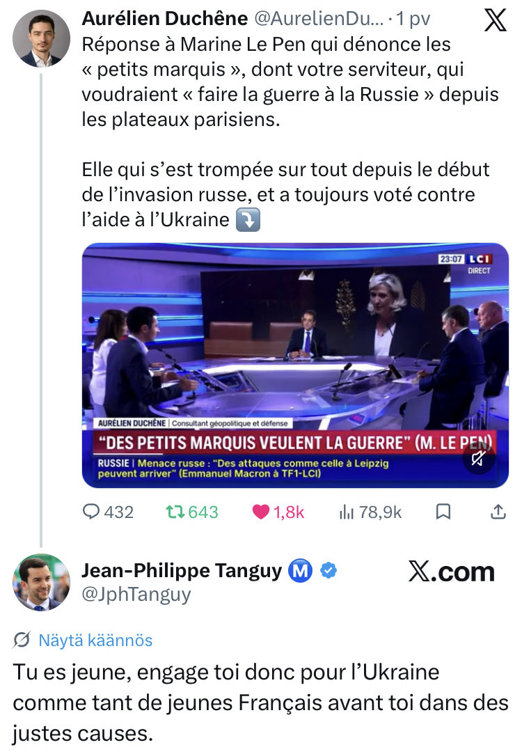 joni_askola's tweet photo. When his party is confronted about being completely wrong on Russia and Ukraine, opposing all aid to Kyiv, and rejecting sanctions on Moscow, Le Pen’s right hand has only one response. 

Like a Russian bot, he parrots: "Why don't you go fight for Ukraine?" Beyond pathetic https://t.co/aLEZ5atxco