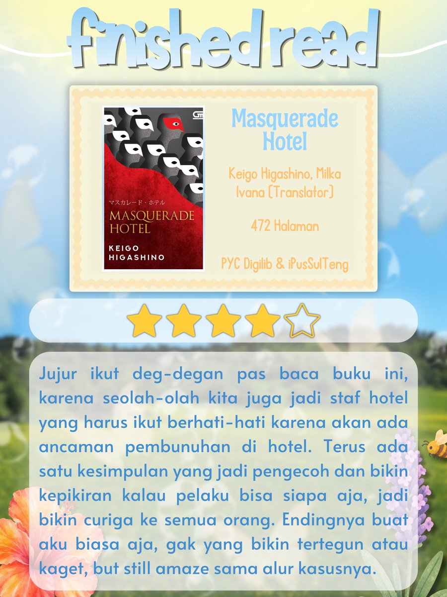 starbookaddict's tweet photo. ⠀
── °⋅• Finished Read &amp; Mini Review •⋅° ──

📖 Masquerade Hotel
✒️ Keigo Higashino, Milka Ivana (Translator)

⏱ 19-27 September 2026

Rate: ★★★★☆ (4/5)
⠀ https://t.co/IcbLtZmvzB