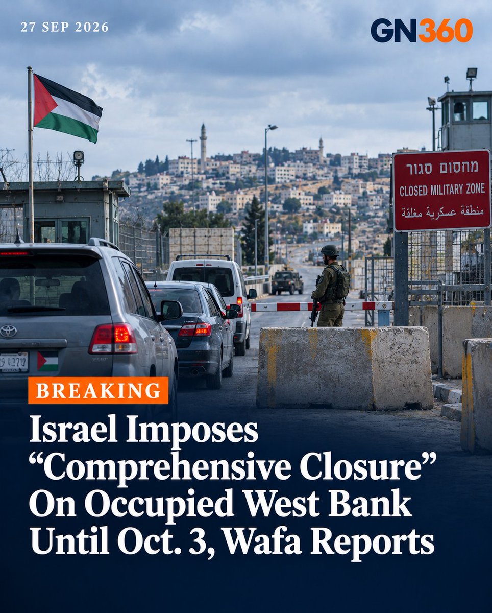 geopoliticsnow_'s tweet photo. BREAKING: Israel Imposes Comprehensive Closure On Occupied West Bank Until October 3

Israeli authorities have imposed a comprehensive closure on the occupied West Bank and shut crossings into the territory until October 3, according to the Palestinian news agency Wafa.

The restrictions include tighter measures at checkpoints and barriers, limiting Palestinian movement and access to holy sites. Wafa also reported road closures and additional checkpoints around Ramallah and Al Bireh.

Israeli authorities cited the Jewish holiday of Sukkot, also known as the Feast of Tabernacles, as the reason for the weeklong closure. The measures began on September 27.

The closure comes amid continuing tensions and Israeli military operations in the occupied West Bank.

Explore more at : https://t.co/bDOofTzSst

Stay Updated follow us on,

X: @geopoliticsnow_

Instagram: @geopoliticsnow360

#GN360 #WestBank #Israel #Palestine #Sukkot #MiddleEast #WestBankClosure #Geopolitics #BreakingNews #WorldNews