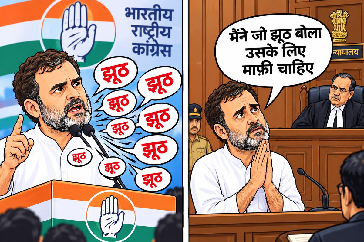 BJP4Himachal's tweet photo. 'झूठ बोलो, जोर से बोलो और बार-बार बोलो'—यही राहुल गांधी की एकमात्र राजनीतिक विचारधारा है।

लेकिन इन्हें यह नहीं पता कि 2024 का भारत इनके प्रोपेगेंडा को बहुत अच्छे से समझता है। जब राफेल पर झूठ बोला, तो सुप्रीम कोर्ट में हलफनामा देकर माफी मांगनी पड़ी थी।

आज जब चुनाव आयोग पर इनका फैलाया गया झूठ बेनकाब हो चुका है, तो देश फिर से उसी हलफनामे और उसी माफीनामे की मांग कर रहा है। हिम्मत है तो सच स्वीकार करिए और माफी मांगिए!

#MaafiMaangoRahul
