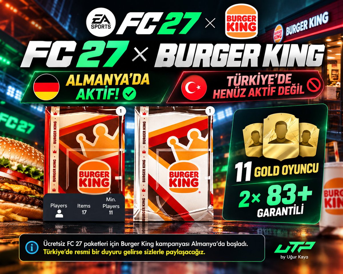 UgurKayaUTP's tweet photo. 🍔 FC 27 × Burger King packs are LIVE in Germany! 🇩🇪🔥
Free packs with Burger King purchases — but not active in Türkiye yet. 🇹🇷
Stay tuned for updates! 👀
#FC27 #EASportsFC #BurgerKing #UTProfessor #FC27News https://t.co/o5XFYH80a2