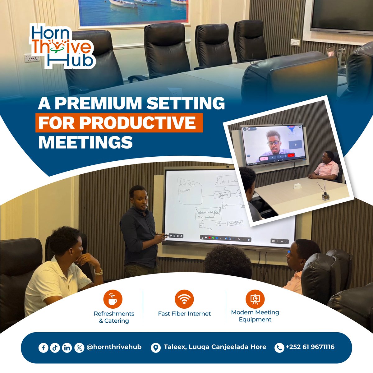 HornThriveHub's tweet photo. Elevate your team's collaboration with our premium, fully-equipped meeting space designed for maximum productivity.

📍 Taleex, Luuqada Canjeelada Hore
📞 61 9671116
#HornThriveHub #CoworkingMogadishu #RemoteWorkSomalia #MogadishuInnovators #WorkSpaceGoals #EntrepreneurLifeSomalia