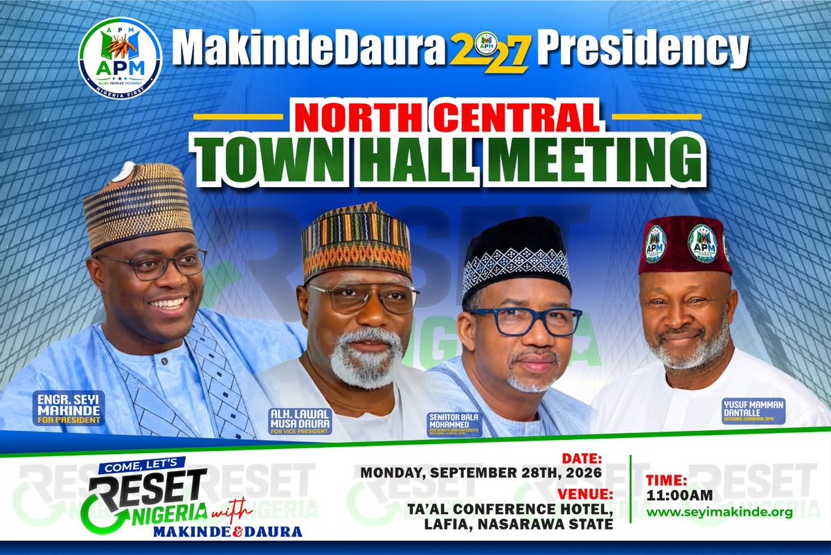 IamTheTownCrier's tweet photo. The #MakindeDaura  #ResetNigeria movement in Lafia

Join HE Engr. Seyi Makinde and HE Lawal Daura as they bring a vision of good governance, adequate security, and economic prosperity to the North Central zone. 

North Central Town Hall Meeting (Ta’al Conference Hotel): Monday, Sept 28, 2026

The true change we need starts with us. Be part of the conversation! Join us the Reset Nigeria Movement today. 

#VoteMakindeDaura in 2027 #VoteAPM in all elections