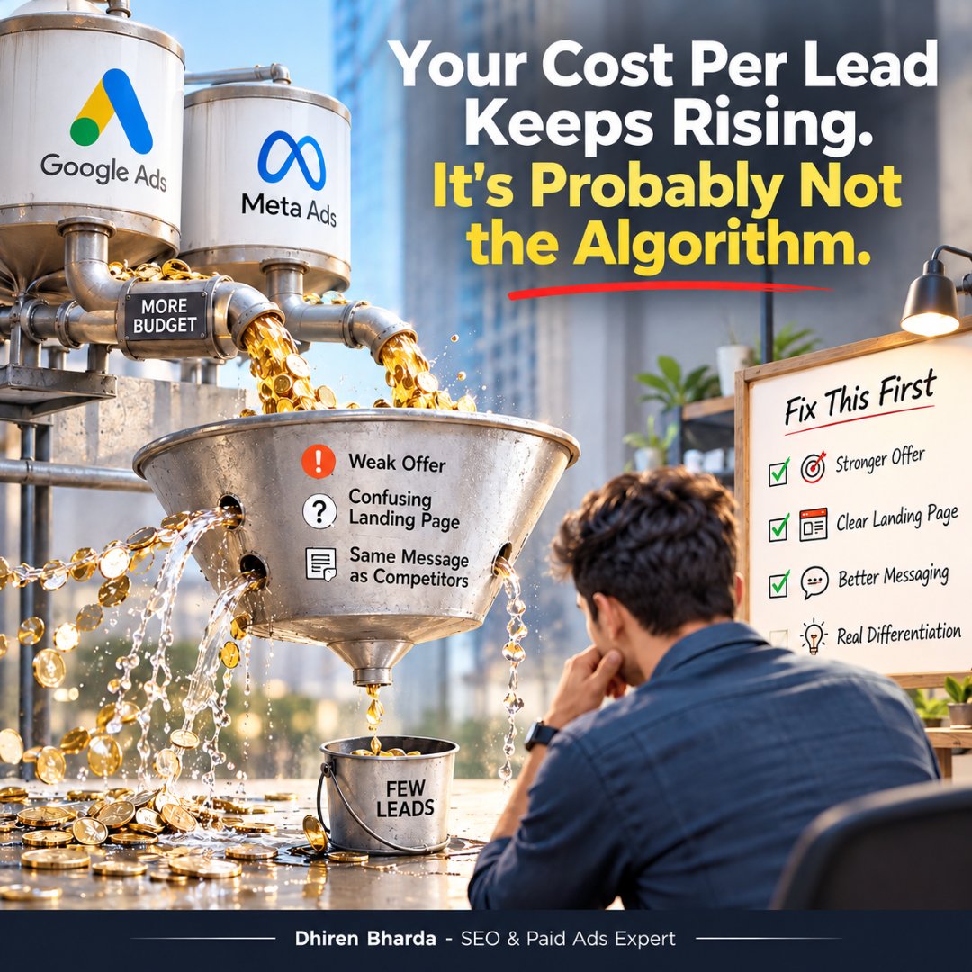 dhirenbharda's tweet photo. Your CPL keeps rising? It may not be the algorithm.

Before increasing ad spend, check your offer, landing page, messaging, and differentiation.

Fix what your budget is amplifying.

#GoogleAds #MetaAds #LeadGeneration #dhiren #seo https://t.co/IQP5yhz80z