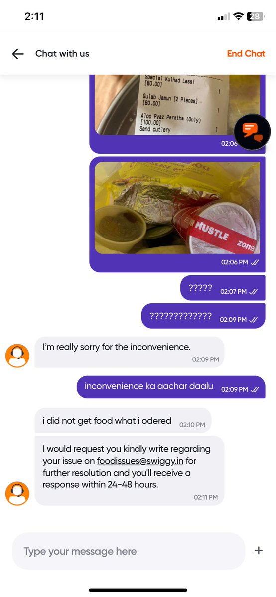 abhytwri0's tweet photo. I ordered and PAID through @Swiggy. The app says “delivered,” but I received what appears to be someone else’s @zomato order.

So where is the food I paid for? And what am I supposed to do with someone else’s food now?
I need this investigated, not an automated response. #swiggy https://t.co/QqvRAJEl2o
