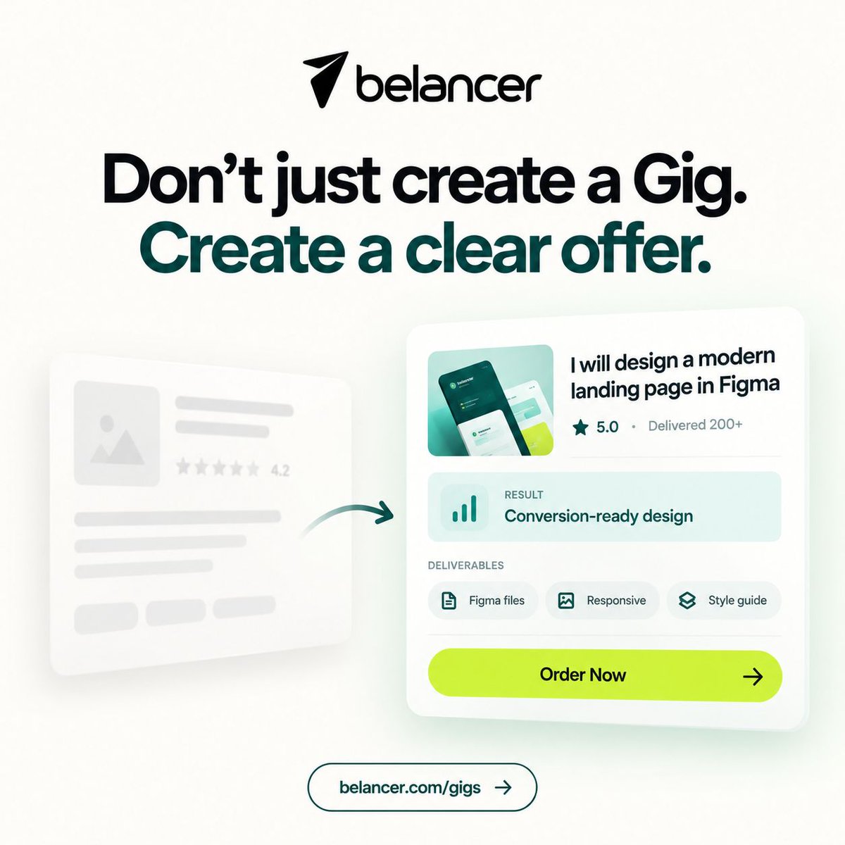 belancers's tweet photo. Don’t just create a Gig. Create a clear offer.
Clients should instantly understand what you’ll deliver, the result they’ll get, and why your service fits their need.
Clear offers build trust. Clear offers get noticed. Clear offers convert better. https://t.co/TWdFKgY5hV