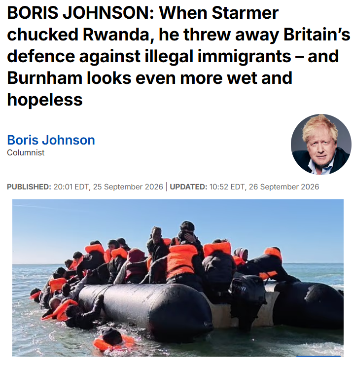 WallStreetMav's tweet photo. Boris Johnson did nothing to stop the boats when he was Prime Minister.

The only way to stop the boats is to start sinking them. Open fire while they are still off the coast of France. Force France to rescue anyone in the water. Shoot the engines so the boats are disabled. Slash the inflatables.

A few  of the invaders will probably drown. Oh well. That is the cost of saving Britain.