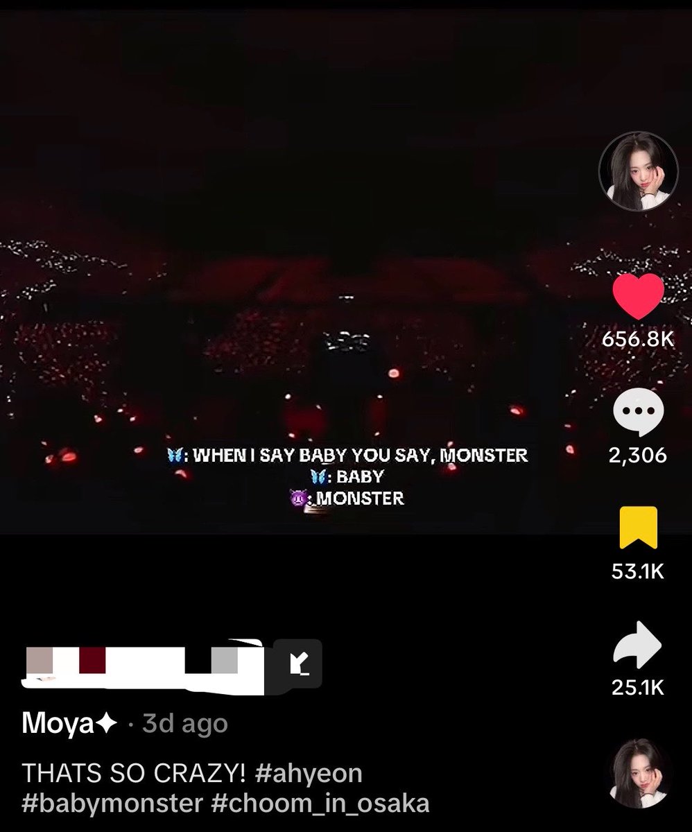 Ahyeonschart's tweet photo. BABYMONSTER’s #AHYEON is gaining attention for her HYPE with multiple posts having more than 100k likes. 

One post gained 1 MILLION likes and another 656k likes. Ahyeon’s video is the most-liked babymonster video on unofficial accounts, following the Kyocera Dome performance.🔥 https://t.co/fKbYNqwWYg