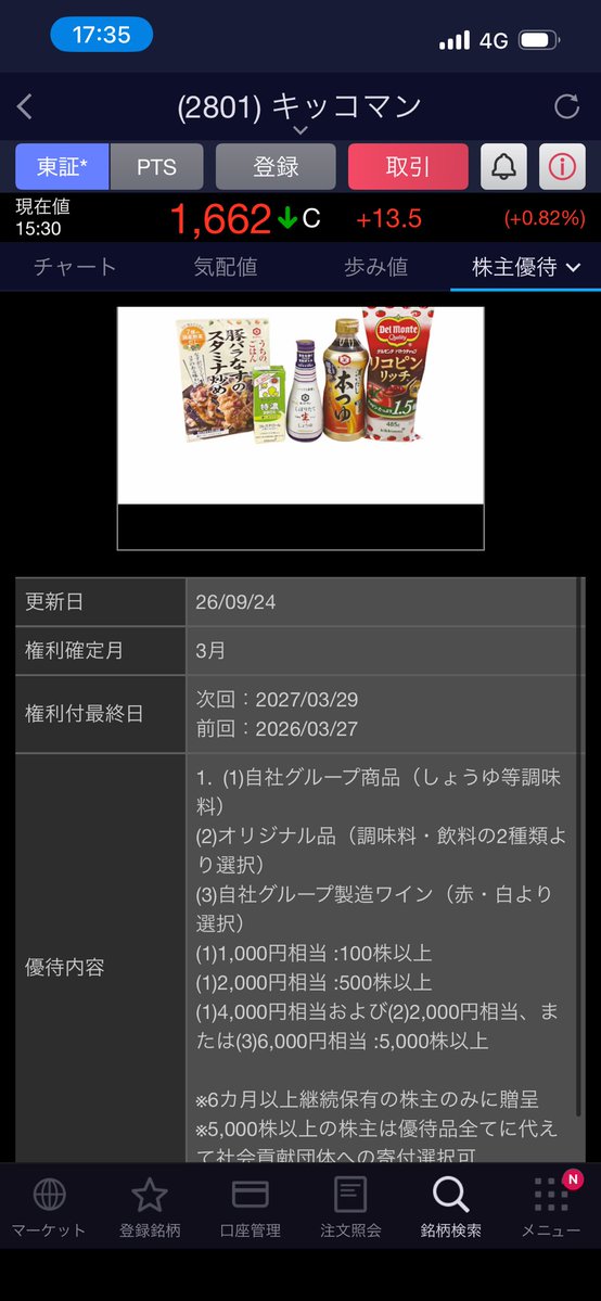 BE9zoj's tweet photo. 「キッコーマンの優待届きました！」

最近、株���ラでこの報告をよく見ます。

でも……

僕、キッコーマン買ってません😂

理由はシンプル。

① 最高値から株価が下落していた
② 増配を重視する自分の投資方針と合わなかった
③ 総合利回りが3％以下だった
④ 自分の中で成長シナリオが見えなかった

なので当時は、

「も��少し下がるかな？」

と思って放置。

そして……

そのまま忘れました😂

気づいたら株価は上昇。

「買っとけばよかったー！」

ってなるやつです🤣

でも、僕は優待だけを見て買うというより、

配当＋優待＋増配＋成長性

をまとめて見て買うタイプ。

だから、株クラで人気の銘柄でも、自分の条件に合わなければ普通にスルーします。

もちろんキッコーマンが悪いと言いたいわけではありません。

むしろ今回投稿した理由は、

みんなが同じ優待銘柄を紹介してると面白くないから😂

人気だから買うのではなく、

「自分の投資ルールに合うか」で判断する。

これも投資の面白さだと思っています🐾

ちなみに皆さんにも、

「みんな持ってるけど、自分は持ってない銘柄」

あります？😂
#キッコーマン　#株主優��  #日本株