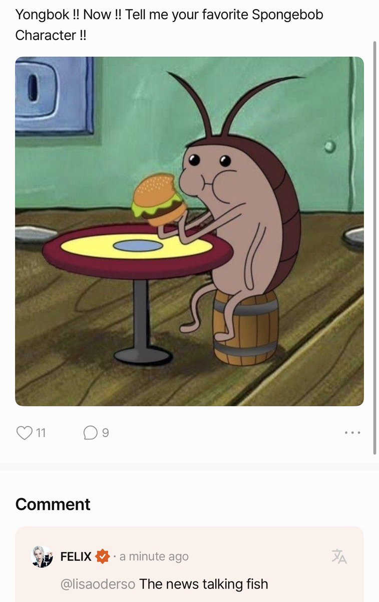 915bbok's tweet photo. felix’s favorite spongebob character is the news talking fish. very important information https://t.co/3TSh1a1BTT