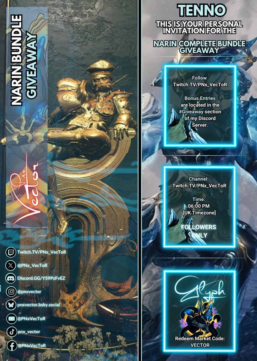 PNx_VecToR's tweet photo. Narin Bundle Giveaway!
Tune into https://t.co/FjVeqsd6UM 6pm UK Time and follow to enter the giveaway.
BONUS ENTRIES
Head over to my Discord Sever and check announcements on how to get additional bonus entries here: https://t.co/7vvckmoeBU
#Warframe #Giveaway #PNxVecToR https://t.co/JvUOEw0SCM